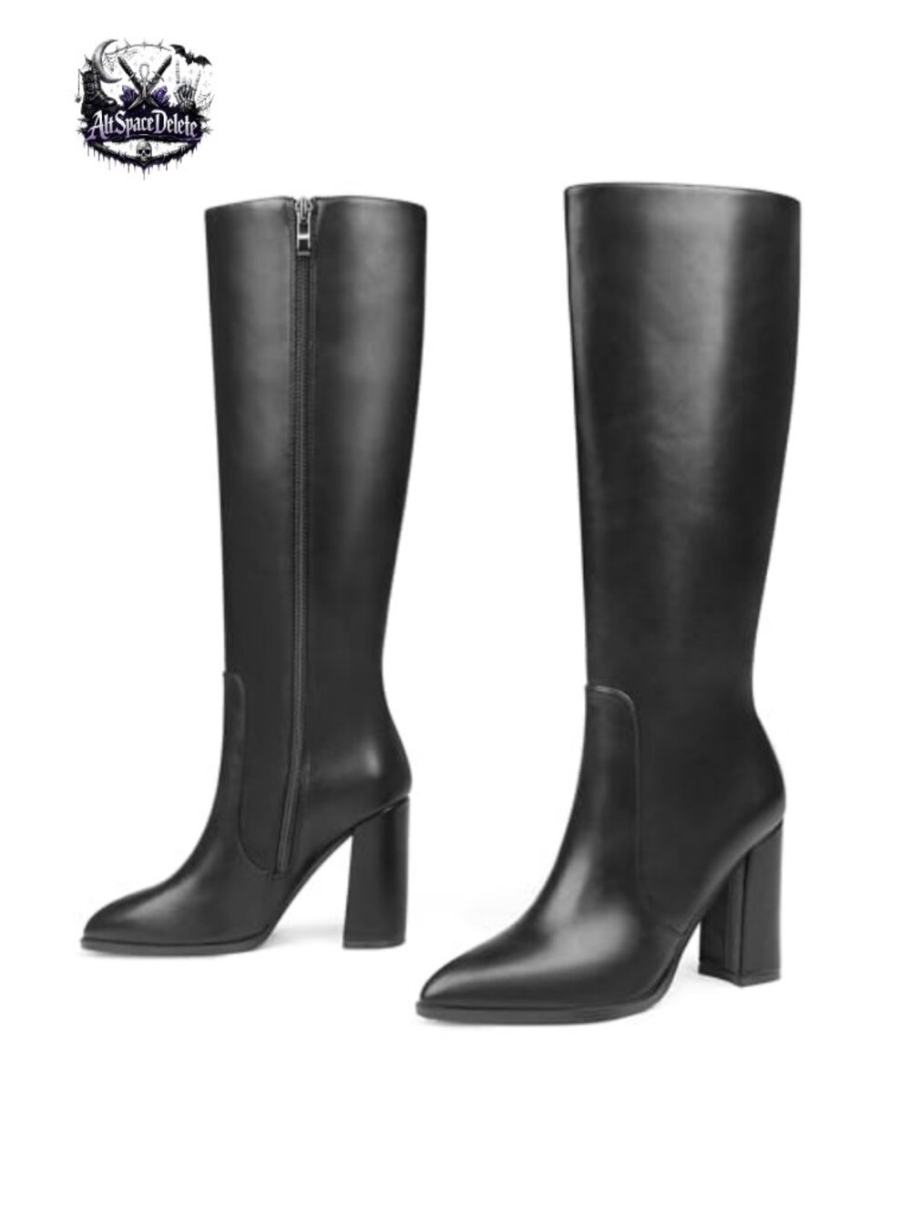 Women's Knee High Boots Pointed Toe Chunky Block Heel Side Zip